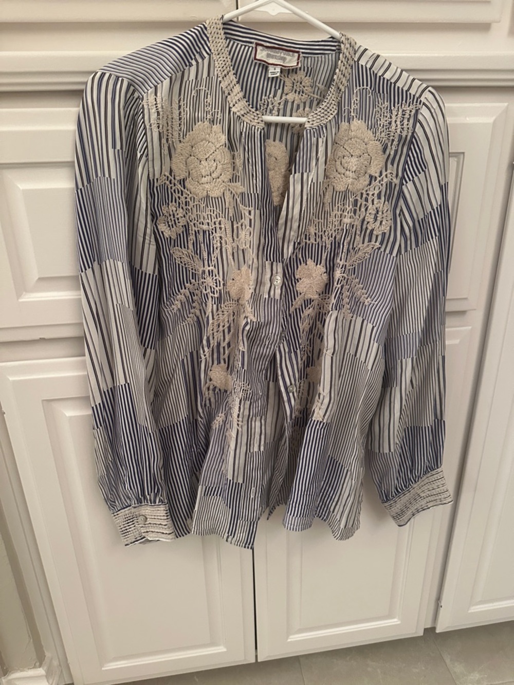 Johnny Was Blue and Cream Striped Embroidered Blouse